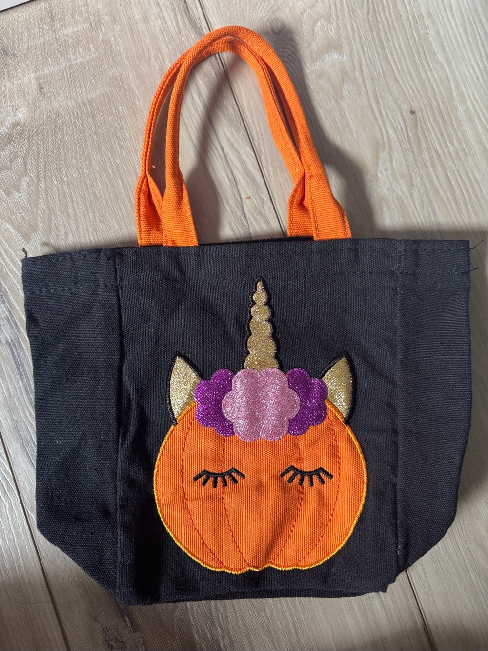 Kids Black Halloween Unicorn Pumpkin Tote with Orange Handles